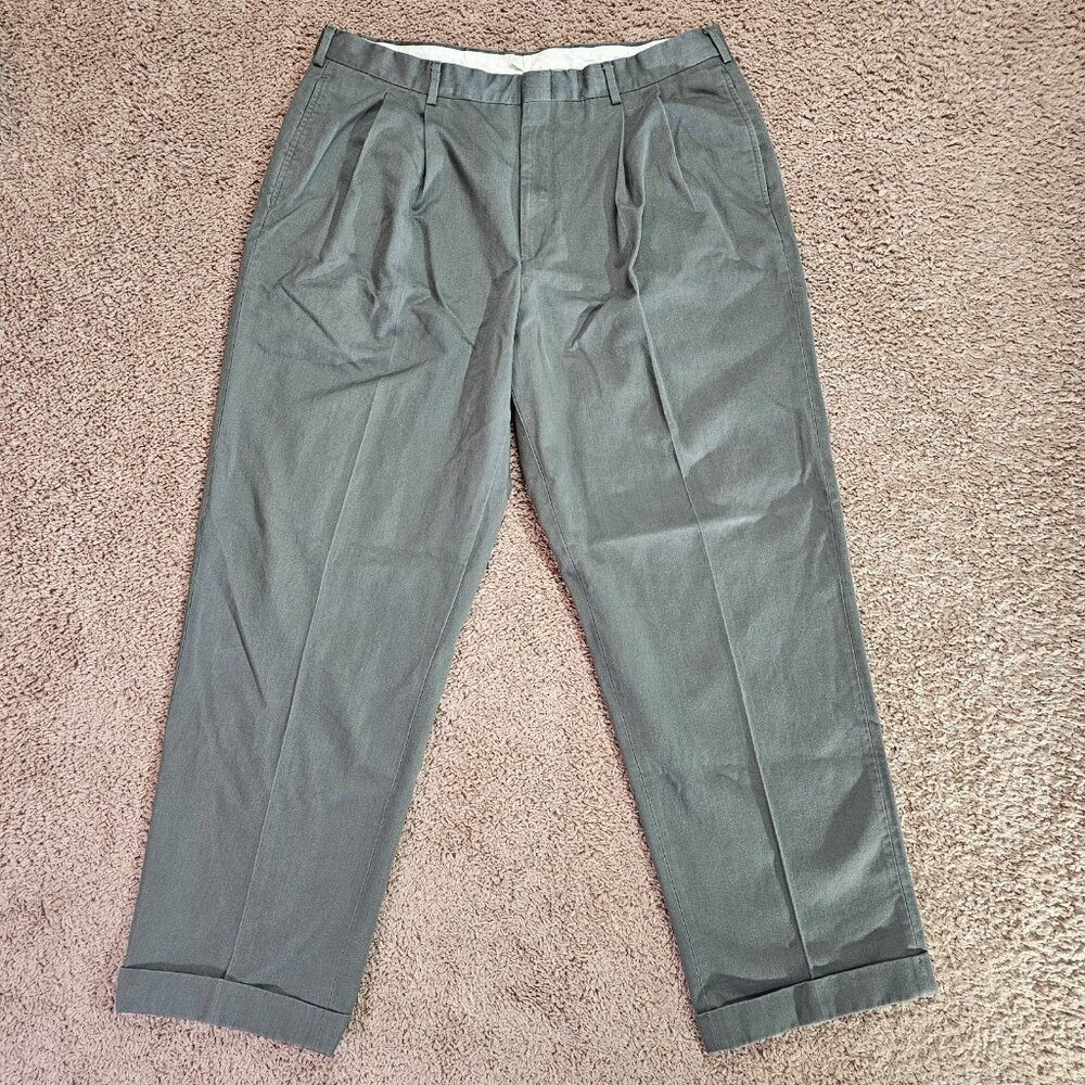 Vintage LL Bean Pleated Chino Pants Mens Tag 38x31 Act 37x31 Gray Green Cuffed